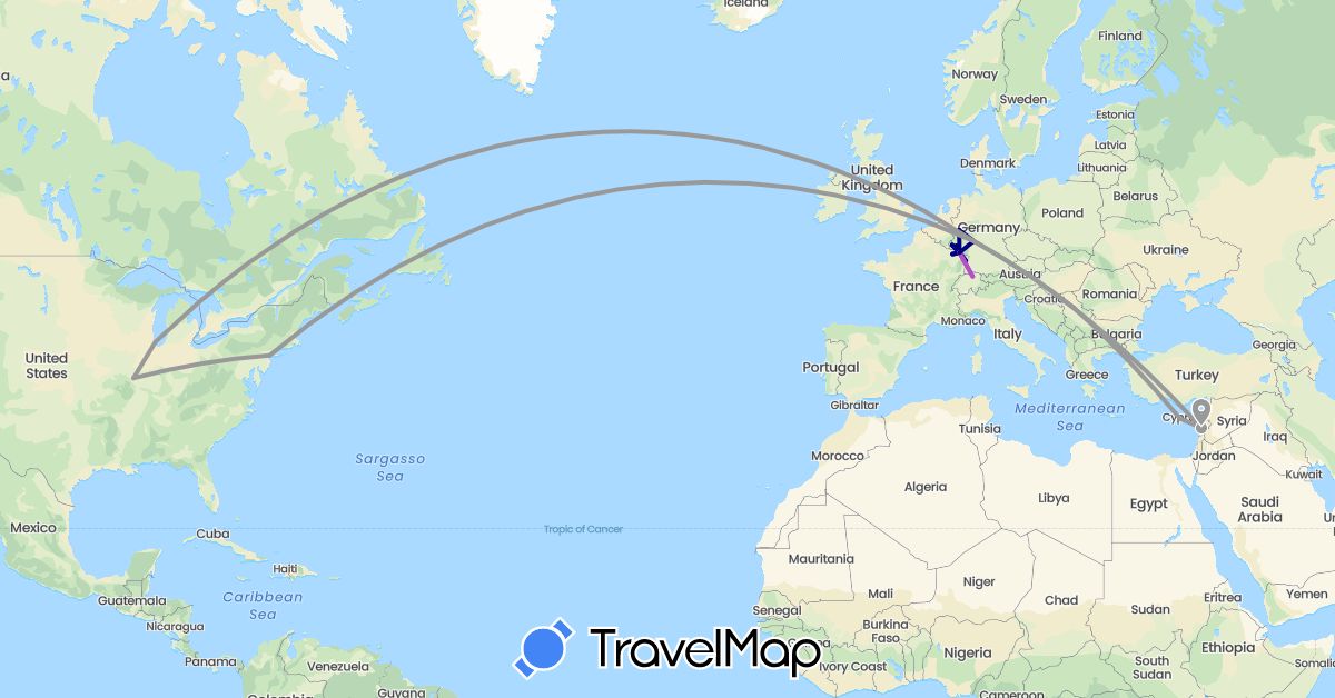TravelMap itinerary: driving, plane, train in Switzerland, Cyprus, Germany, France, Lebanon, Luxembourg, Serbia, United States (Asia, Europe, North America)